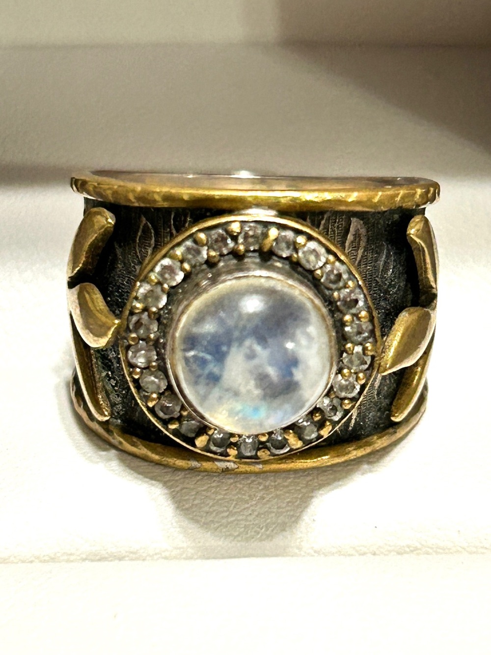 Moonstone Encircled By CZ Halo Ring in .925 Silver & Brass Trim - Sz 6